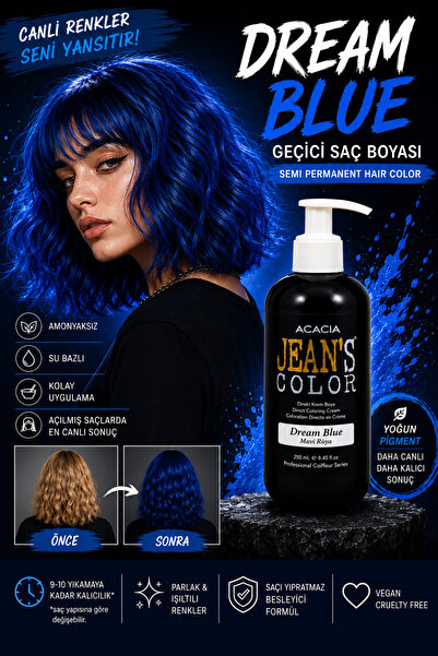 jeans color Amonyaksız Mavi Rüya Renkli Saç Boyası 250 ml Kokusuz Su Bazlı Dr...