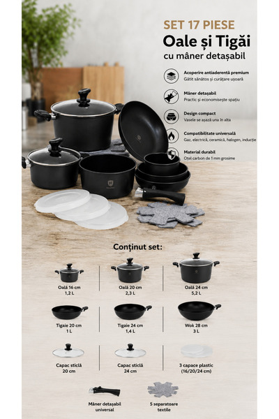 Extramall Set oale pentru gatit si tigai 17 piese negre antiaderente cu maner...
