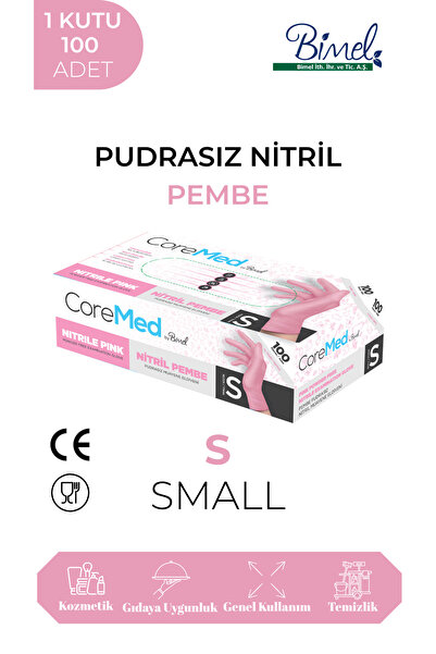 Bimel Coremed Fuşya Pembe Nitril Muayene Eldiveni Pudrasız 100 Lü Paket S Beden
