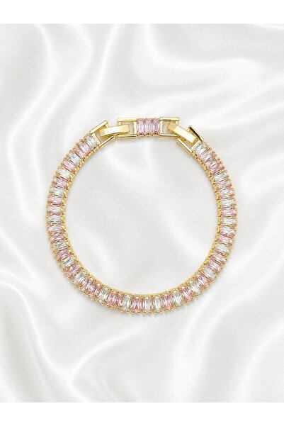 Simovia Pembe Beyaz Çift Renkli Baget Zirkon Taşlı Gold Su Yolu Bileklik