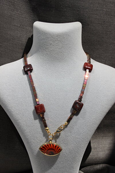 cadeaccessories Göz Charmlı Kahverengi Jasper Ve Seramik Taşlı Kolye