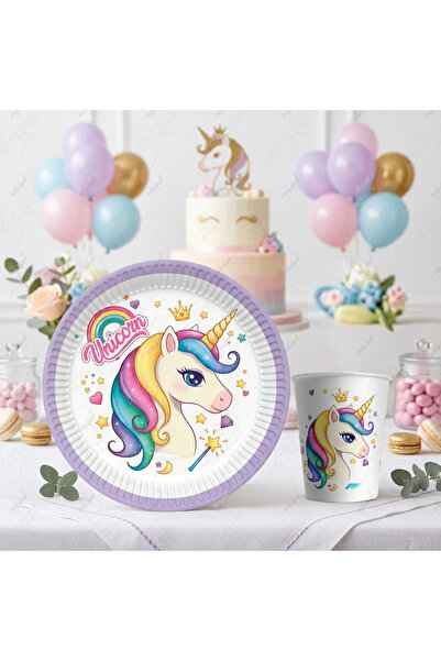 VELONZAL Unicorn Temalı Parti & Kutlama-Doğum Günü Tabak+Bardak Set-8 Kişilik...