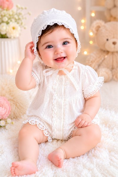 My Babies Label جمبسوت بناتي بأكمام قصيرة مكون من قطعتين مع تفاصيل من الدانتيل والتطريز