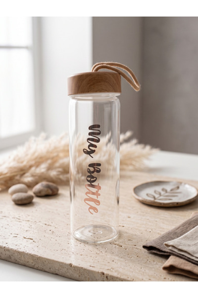 Dörtel Tedarik My Bottle 550 ML Gold Bambu Kapaklı Borosilikat Cam Matara