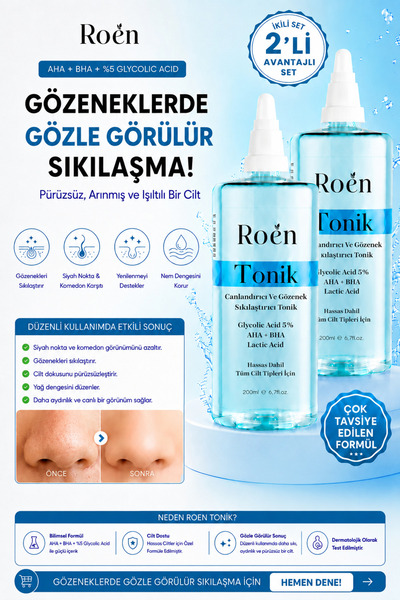 Roen Tonik, Komedon Karşıtı, Gözenek Sıkılaştırıcı, Aha, Bha, Glikolik Asit %...