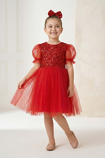 Mnk Baby&Kids Balon Kol Pul Payet Kız Çocuk Tütü Elbise M00751 KIRMIZI