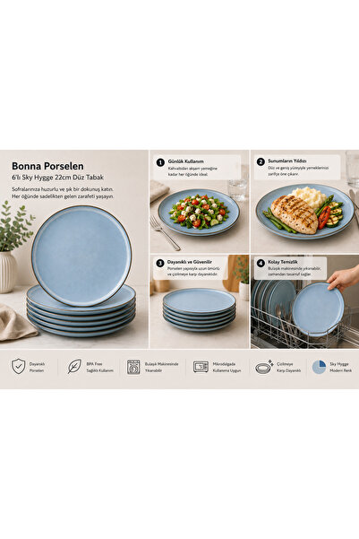 Bonna Porselen 6 قطع سكاي هيج 22 سم طبق مسطح