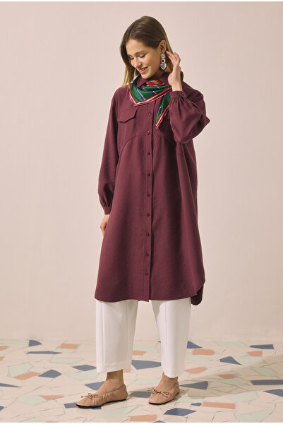 HEQA Long Shirring Detailed Shirt Plum