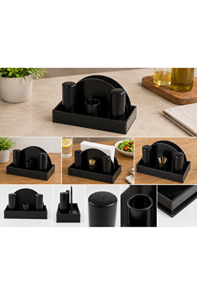Biradlı Round Salt Shaker and Napkin Holder Set with Plexiglass Stand Black