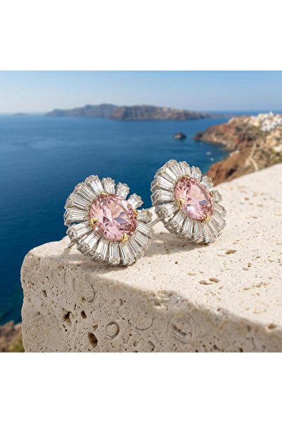 Shinestar atelier Gold Renk Pembe Taşlı Çiçek Model Zirkon Kadın Küpe