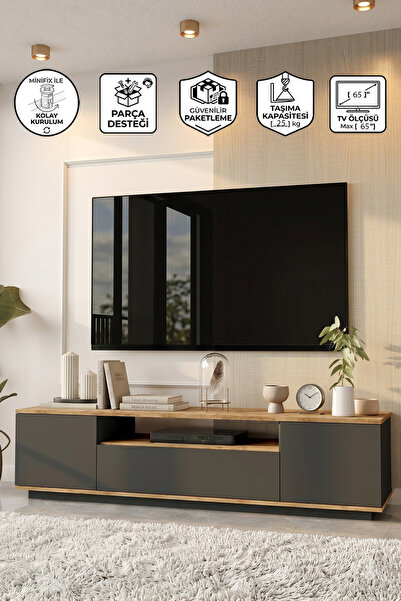 Yurupa TV Ünitesi Kapaklı Modern 180 cm Aven Dekoratif Salon TV Sehpası Çam-A...