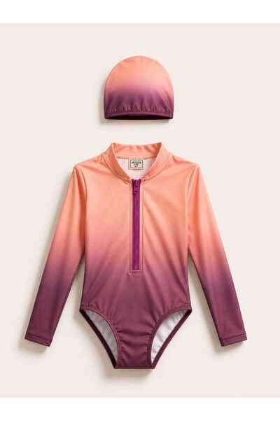 My Kids Wear Girl's Uv Protection Long Sleeve Zipper Swimsuit Set 12787