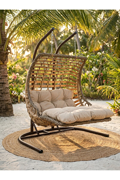 huteras Bodrum Double Ciftli Rattan Bahce Balkon Salincagi Acik Kahve 2 Kisil...