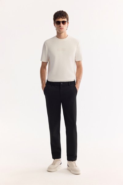 Avva Men's Black Slim Fit Chino Trousers with Elastic Sides, Viscose Blend A5...