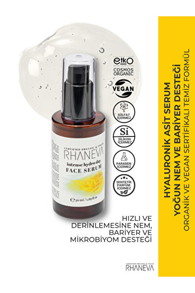 RHANEVA Hyaluronik Asit Serum, Yoğun Nem ve Bariyer Desteği, Organik ve Vegan Sertifikalı, 50 ml