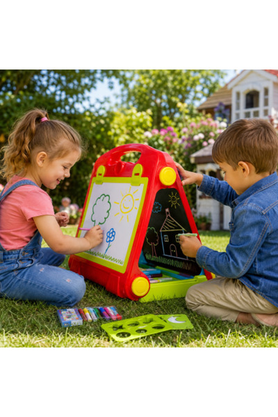 Bebelul Tabla educativa pliabila 2 in 1 cu valiza, creta si marker, multicolo...