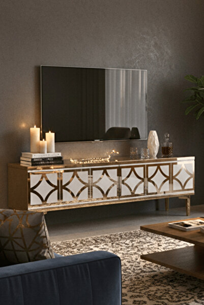 cnyr TSA1237DBG - LEMTV120 TV STAND, TV SEHPASI SAFİRMEŞE - BEYAZ - GOLD 120CM