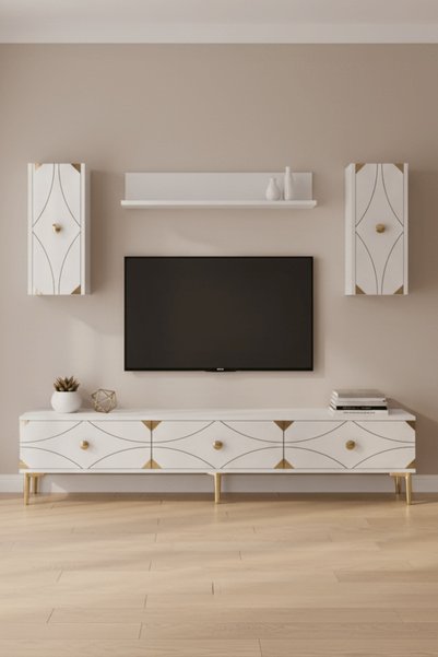 cnyr TVR1897BG - ALFA TVR180 TV ÜNİTESİ TAKIM , TV SEHPASI BEYAZ - GOLD 180CM