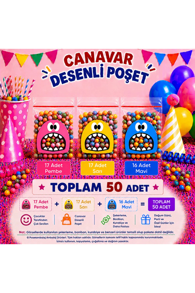 CarpCorn 50 Adet Pembe-Sarı-Mavi Renkli Canavar Desenli Cake Pop & Kurabiye P...