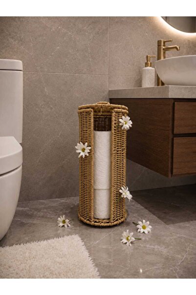 ROXART RATTAN ÖRME WC TUVALET KAĞITLIK SAKLAMA SEPETİ KAPAKLI FERFORJE RATTAN