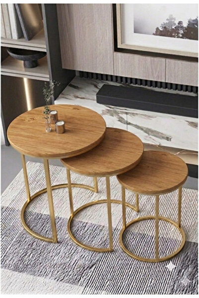 Nokta Sehpa Home Altın Metal çam tabla 3lü Zigon C Sehpa