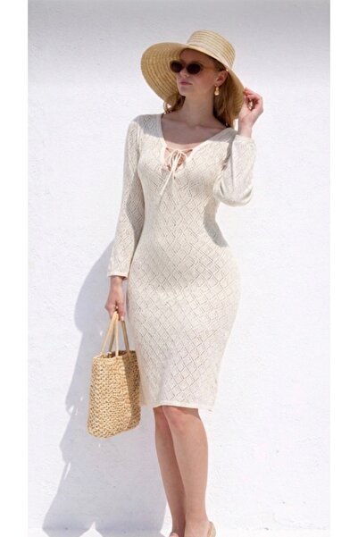 MARLİNG Rochie de plajă din tricotaj ajurat, cu șireturi, cu model mini, cu d...