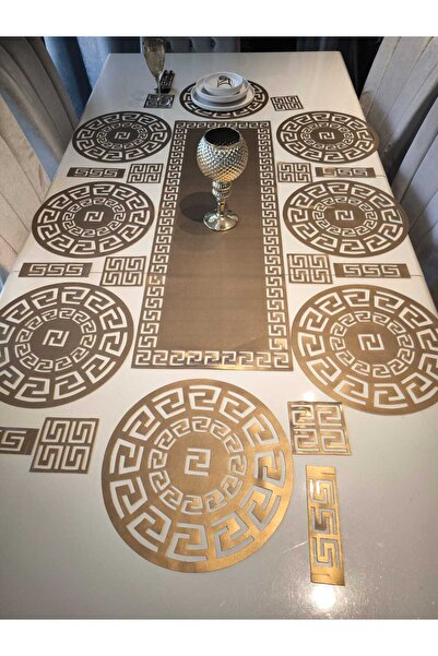 SEHARA Çift Taraflı/1 Runner(100X33)/8 Amerikan Servis (33CM)/8 B.altlığı/8 Kaşıklık/25 Parça/yemek Sunum Takımı/gold/Ekru