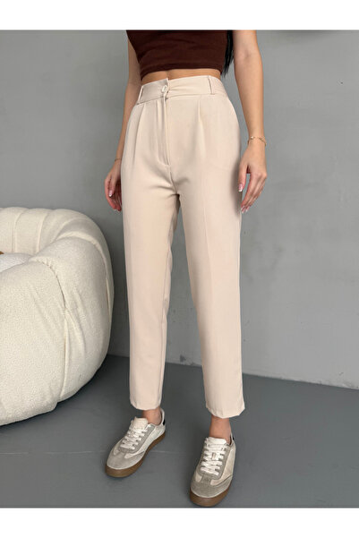 alanora Pantaloni de damă din pânză cu talie înaltă elastică cu tăietură morcov