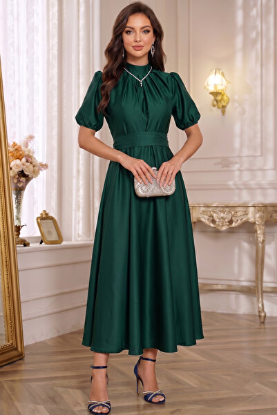ALFUDO Moda Collection Rochie de seară din satin, albastru marin, cu mânecă s...
