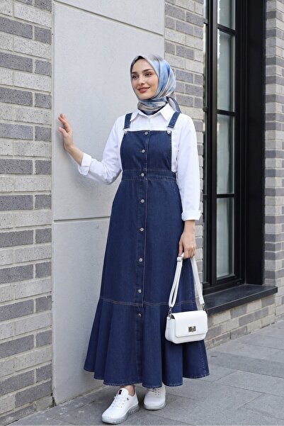 Modamorfo Buttoned Front, Side Pockets, Ruffled Skirt, Denim Gilet - Dark Blue