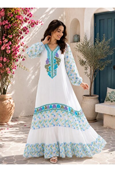amaan Women's Embroidered Jalabiya Dress, Floral Design with V-Neck, Arabic D...