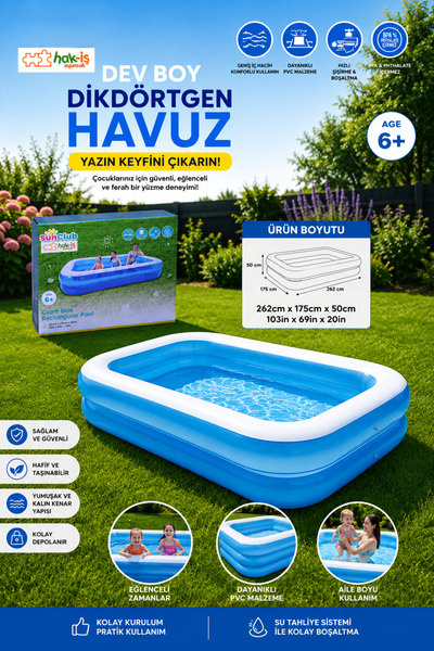 hak-iş oyuncak Şişme Dikdörtgen Havuz 262 x 175 x 50 cm Mavi Bahçe Havuzu