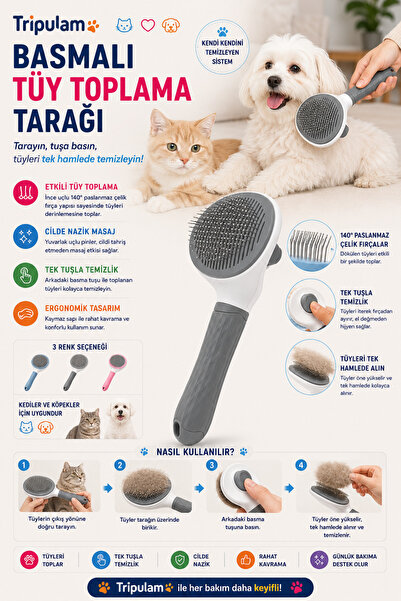 TRİPULAM Otomatik Temizlenen Tuşlu Kedi & Köpek Tarağı – Kendinden Temizlemel...