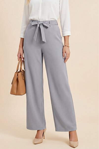 Modamorfo Double Fabric Waist Belted Wide Leg Trousers -Grey