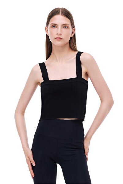 Perspective Knitwear Skinny Fit Crop Boy Strap Square Neck Black Blouse