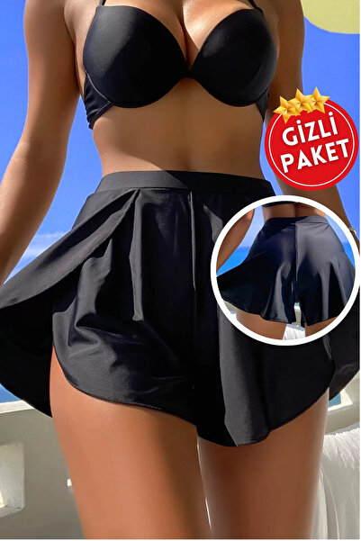 RUKOD Kadın Siyah Yırtmaçlı Etek Görünümlü Şık Deniz Şortu