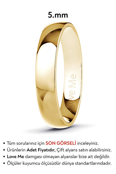Love Me 5mm Parlak Altın Renk Kararmaz Unisex Bombeli Çelik Alyans Yüzük LM-532G