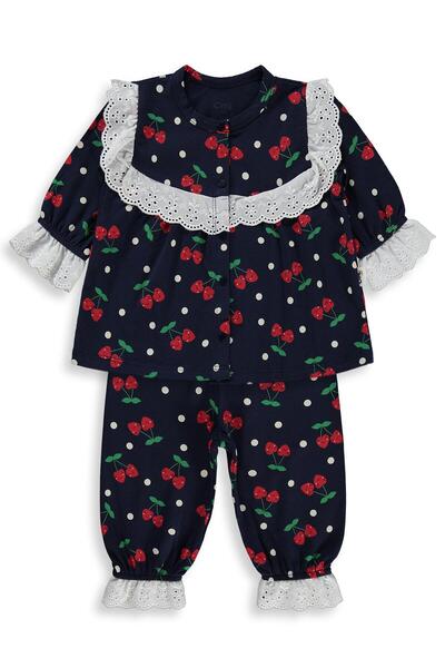Civil Baby Puanlı Kiraz Emprime Fistolu Kız 6-18 Ay Pijama Takımı - Lacivert