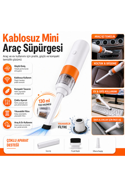 Otovo Şarjlı Araç Süpürgesi 120W Güçlü Emiş 20000 RPM HEPA Filtreli Kablosuz ...