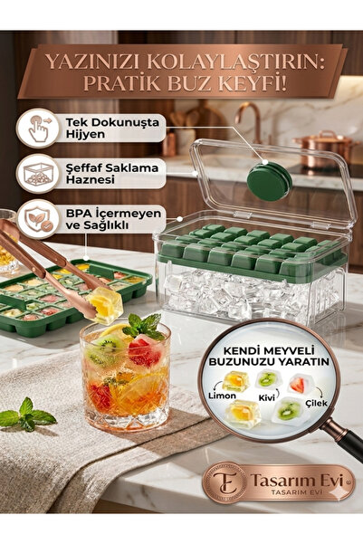 Tasarım Evi Yeni Nesil Basmalı Çift Buz Kalıbı Buzluk – Kapaklı Saklama Kutulu 28 28 56 Bölmeli 10x20 Cm