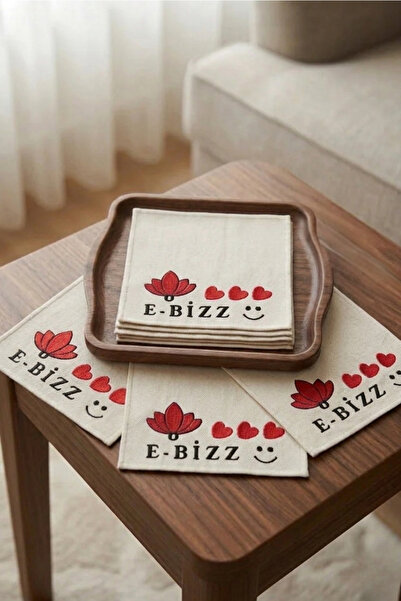 e-Bizz Store 6 Adet Sunumluk Peçete & Nakışlı Kahve Yanı Sunumluk Kokteyl Peçetesi & Bardak Altlığı