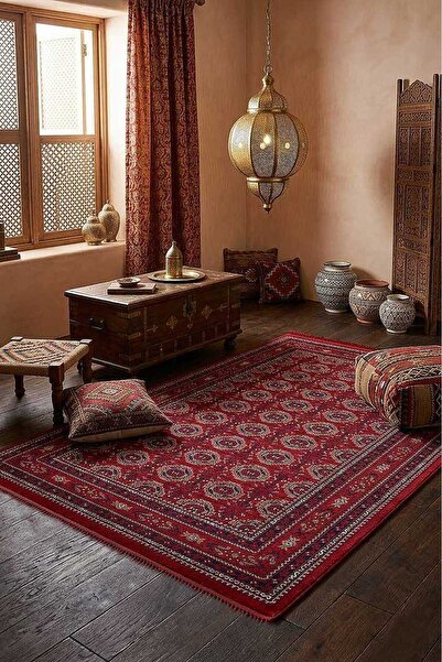Frenda Afgan Halısı Bilicik Etnik Kunduz Otantik Desen Viskon Kırmızı Halı Bc01