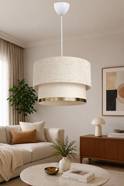 Eslight Soft Gold Detaylı Krem Kumaş Sarkıt Avize Modern Salon ve Oturma Odas...