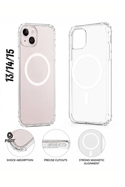 PSGT Apple Iphone 13 - 14 -15 Kılıf Magsafe Wireless Şarj Destekli Şeffaf Kap...