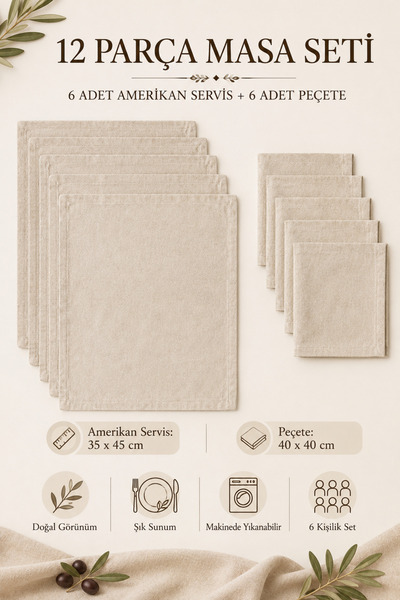 Morlay LINEN | 12 Adet Organik Ham Yıkanmış Keten Amerikan Servis Ve Servis Peçetesi Sofra Sunum Takımı