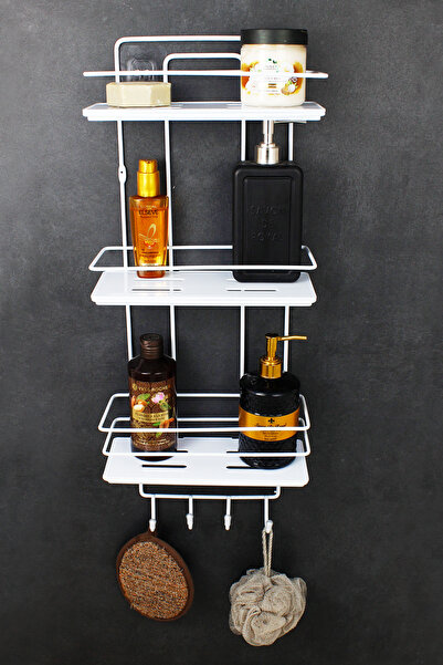 Triple Bathroom And Cosmetic Organizer White Bathroom Shelf With Stainless Fiber Hanger Crystal Shelf Shampoo Holder