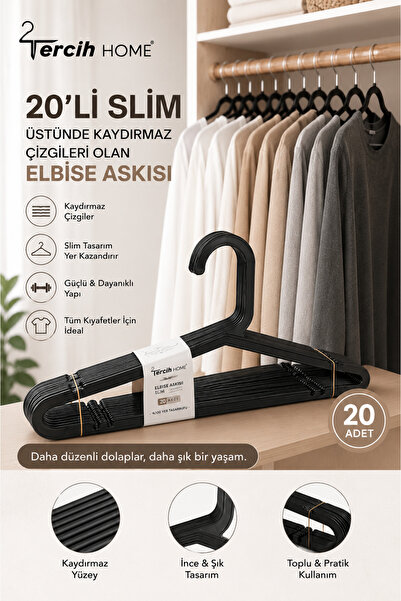 Tercih Home 20 Adet Siyah Elbise, Fular, Gömlek, Tişört Askısı Kırılmaz Askı