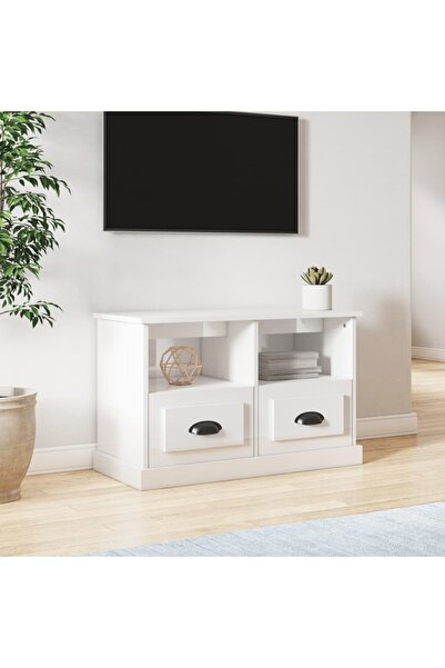 Concept Comodă TV, alb extralucios, 80x35x50 cm, lemn prelucrat