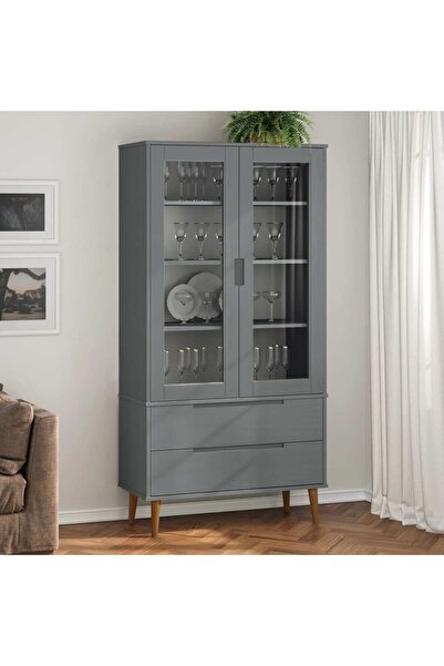 Concept Dulap cu vitrină, gri, 90x35x175 cm, lemn masiv de pin