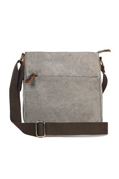 Necati Çanta Gray Multi-Compartment Canvas Messenger Bag with Shoulder Strap